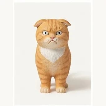 同一只白胸橘猫耳朵向外翻折、瞪圆眼睛的树脂手办