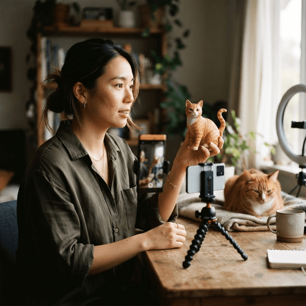 宠物博主在书桌前拍摄橘猫手办